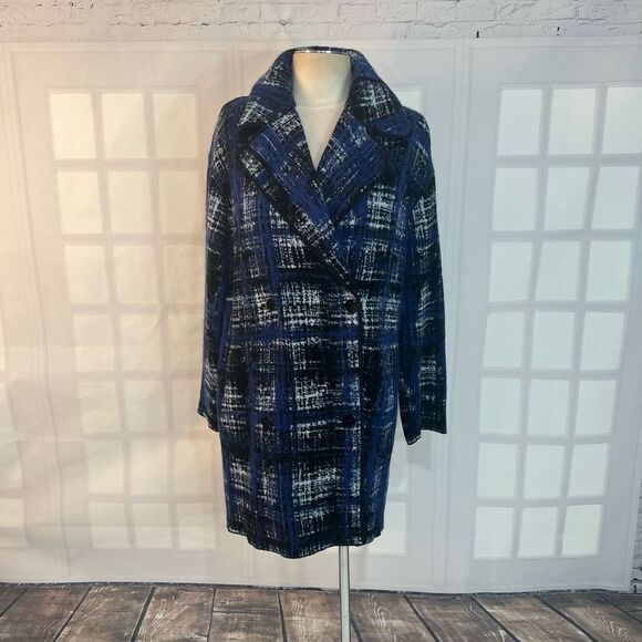 Fuzzi Blue Plaid Knitted Unlined Sweater Shacket Coat Size S - Picture 1 of 11